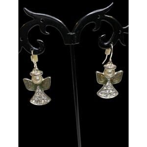 Angel Earrings Fishhook Pierced Silvertone 1.4" Drop Sparkly